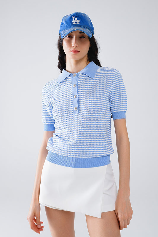 Q2 Polo à manches courtes en bleu et rayures blanches