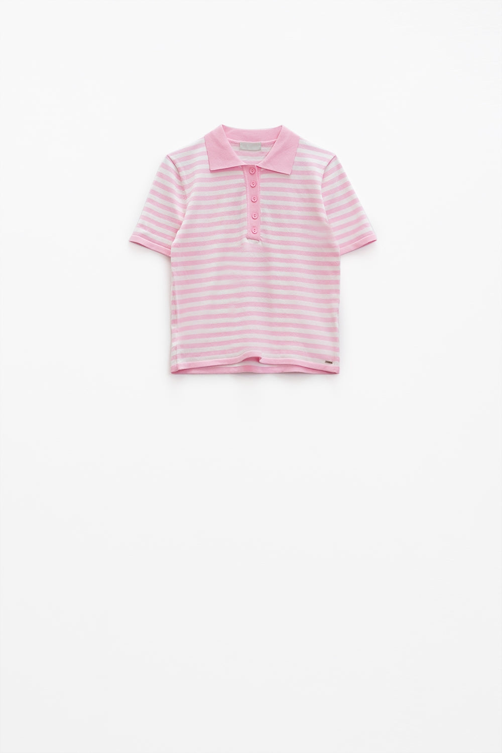 Polo blanc à manches courtes rayures rose pâle et boutons sur le devant