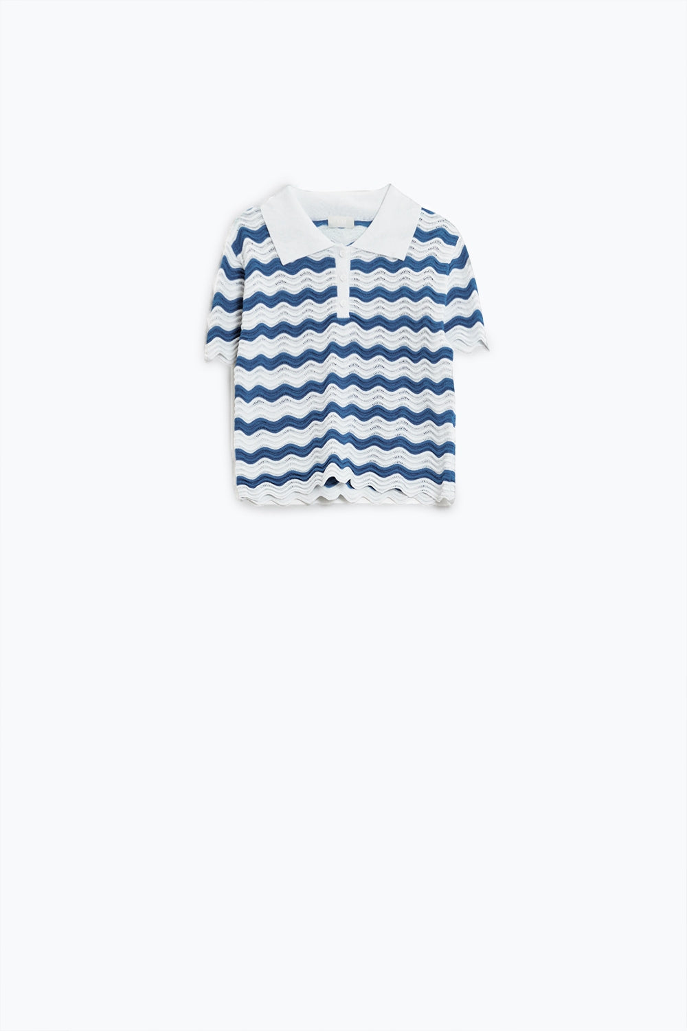 Polo blanc à rayures ondulées bleues