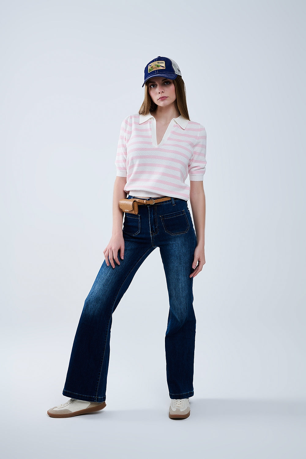 Polo blanc à rayures roses