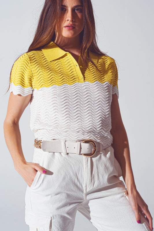 Q2 Polo court tricoté en blocs de couleur blanc et jaune