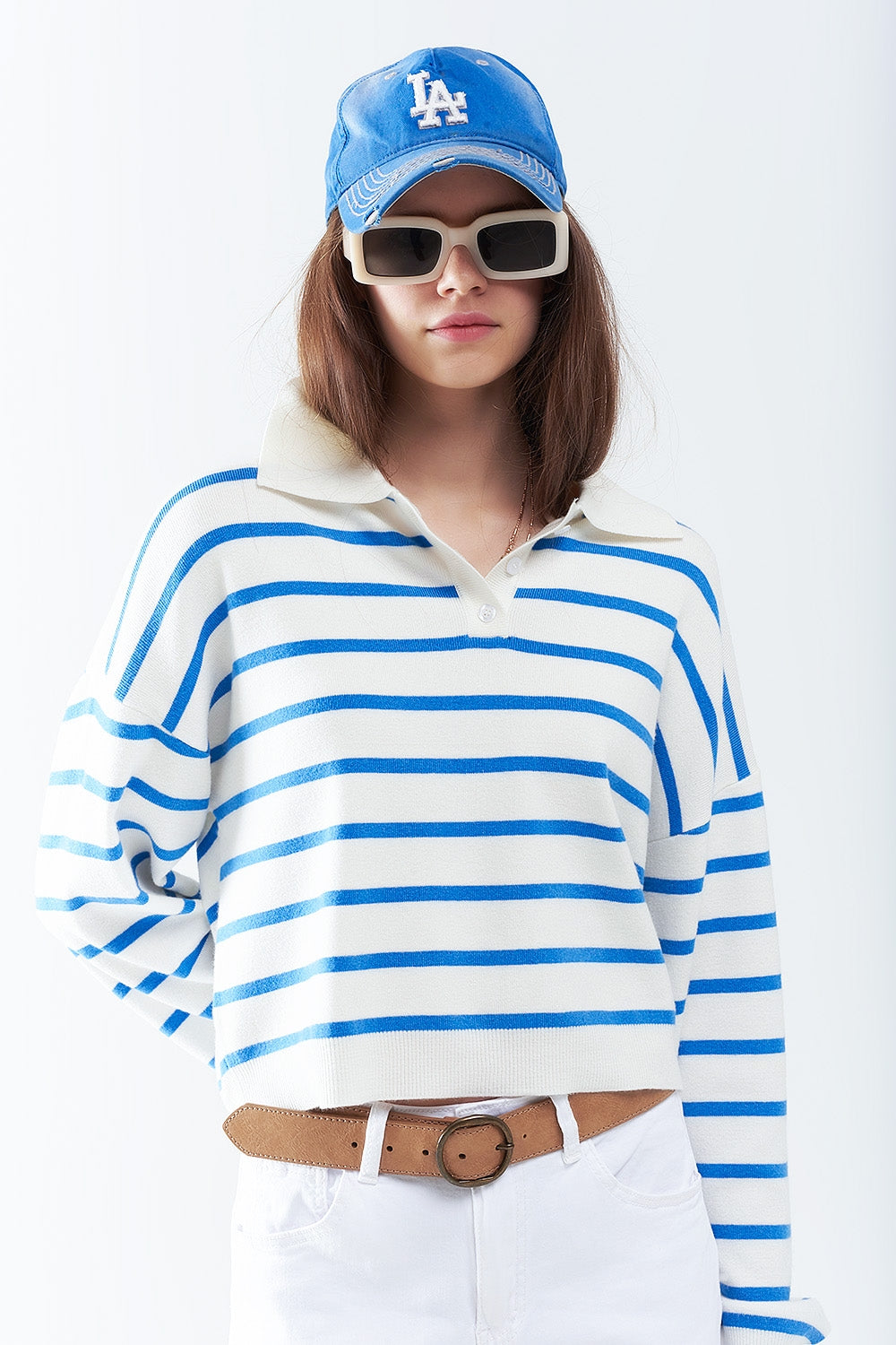 polo en tricot doux à rayures bleues