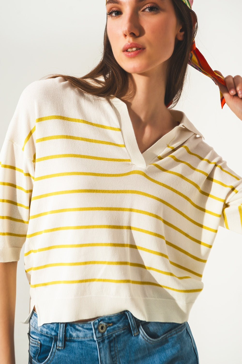 Pull à col polo vert à rayures des années 70