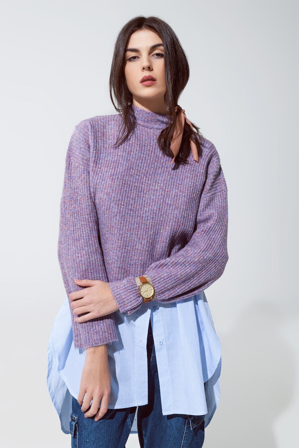 Pull à col roulé côtelé doux violet