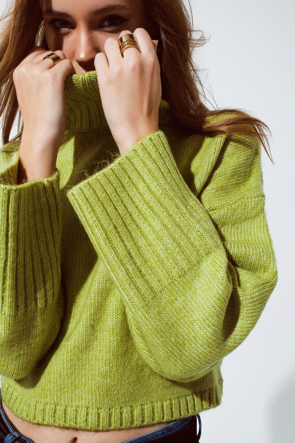Pull à col roulé court en maille épaisse vert