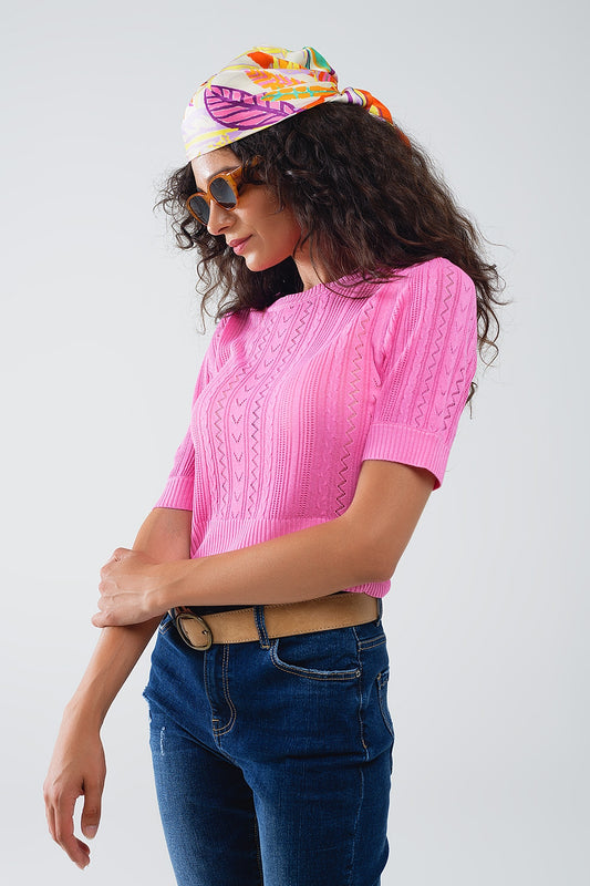 Q2 Pull à manches 3/4 en tricot fuchsia avec détails de rayures en zig-zag