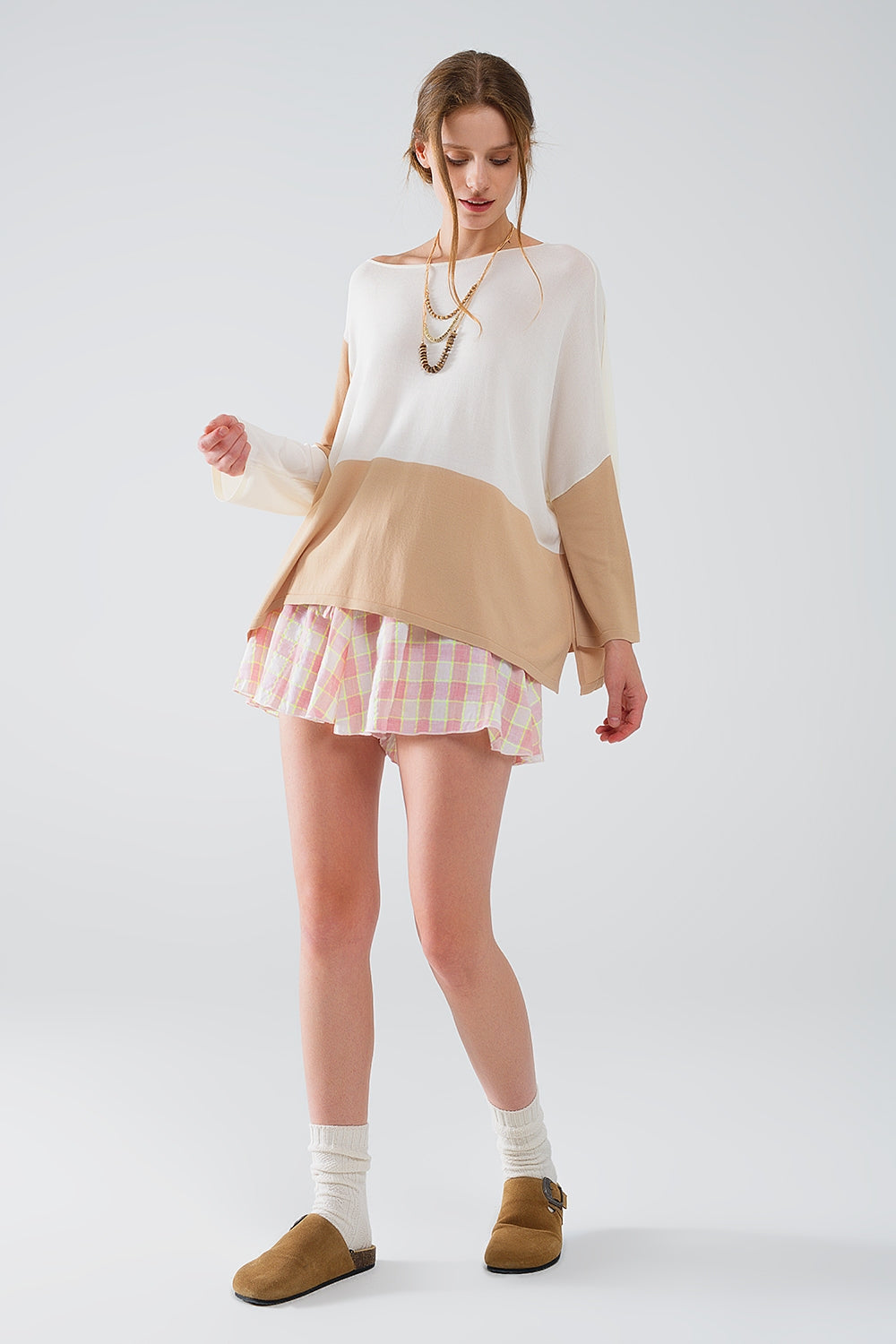 Pull à manches chauve-souris en blocs de couleur blanc et beige