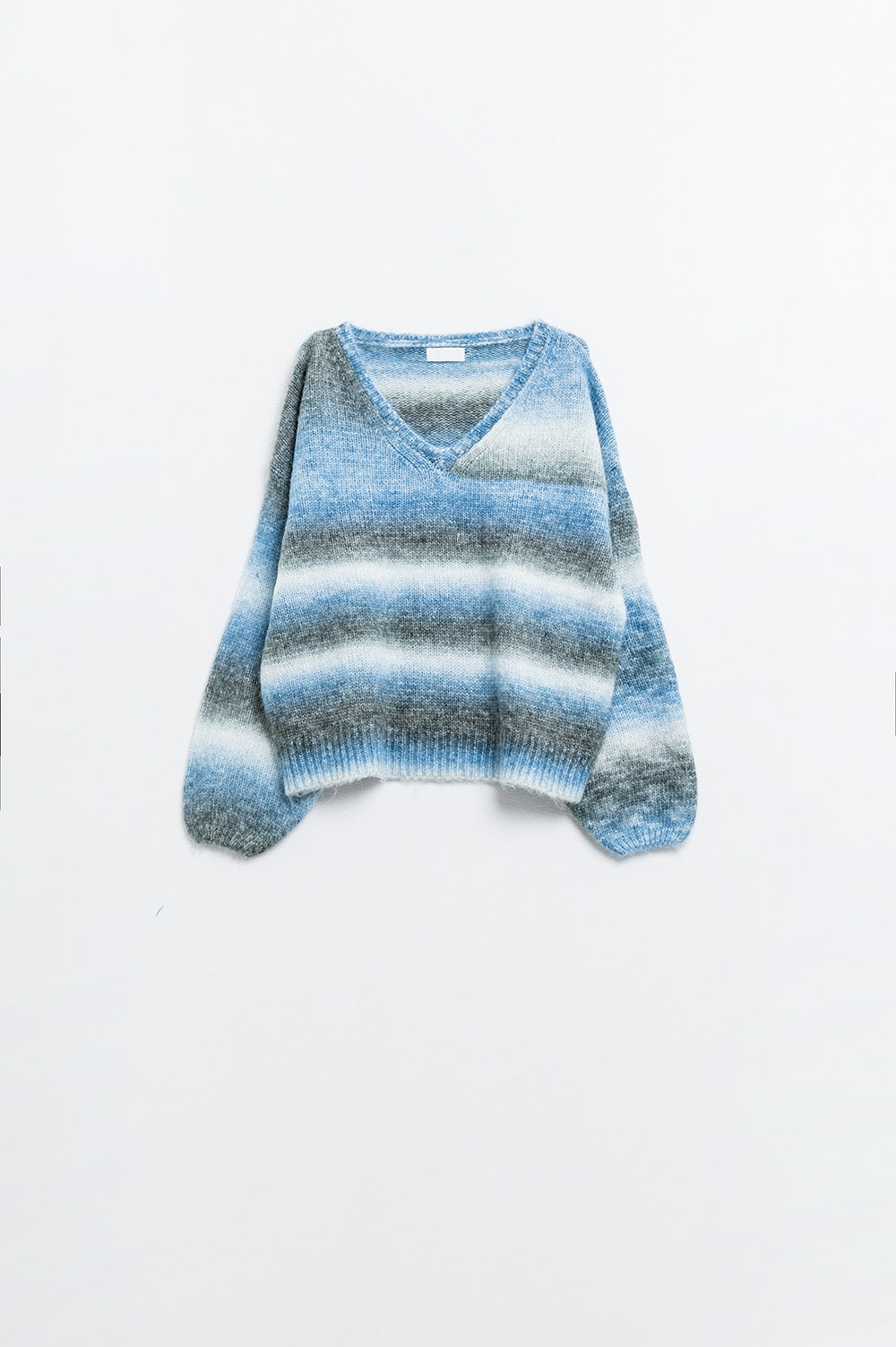 Pull ample à col en V et à rayures bleues et grises