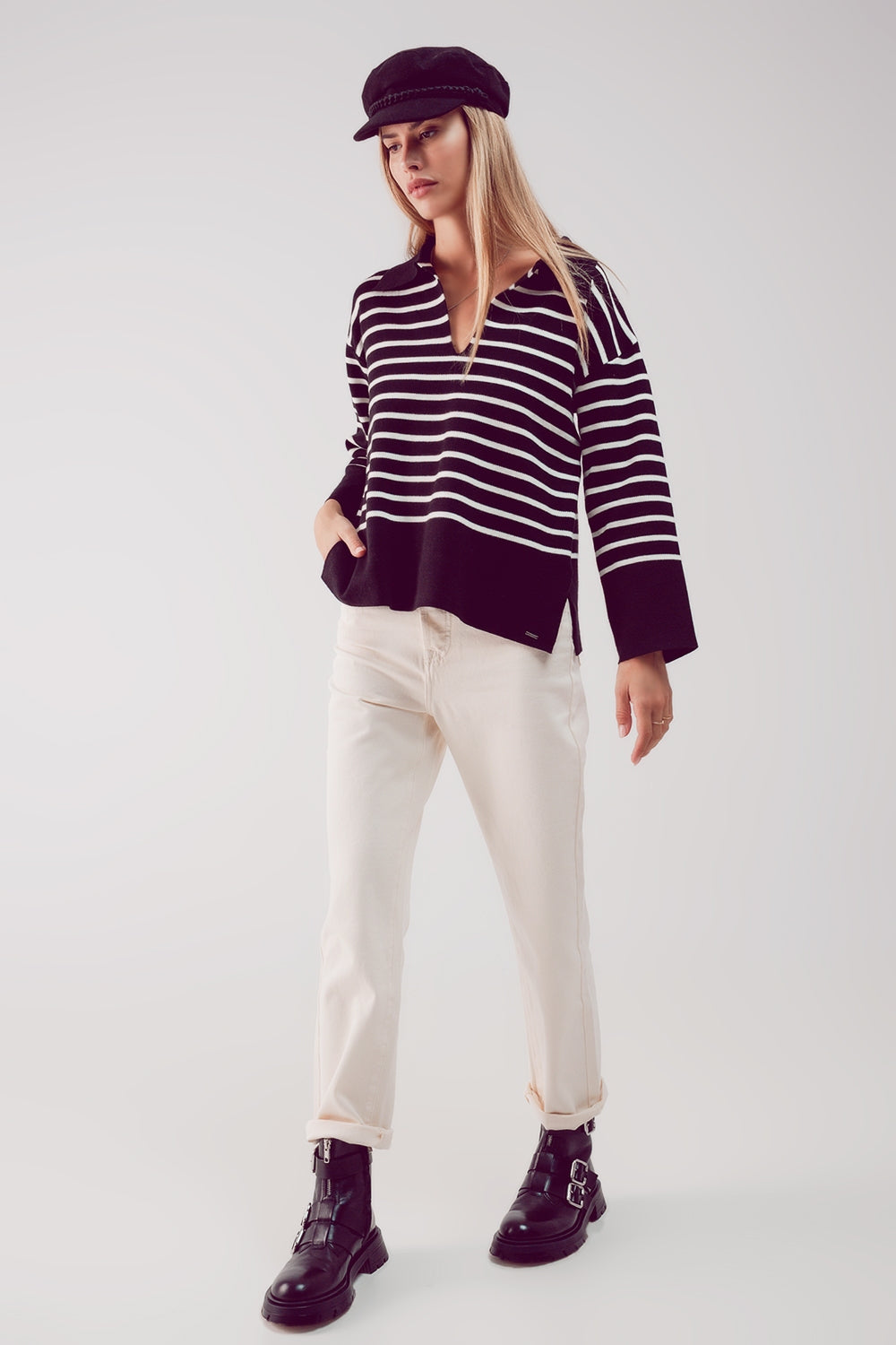 Pull col polo rayé noir