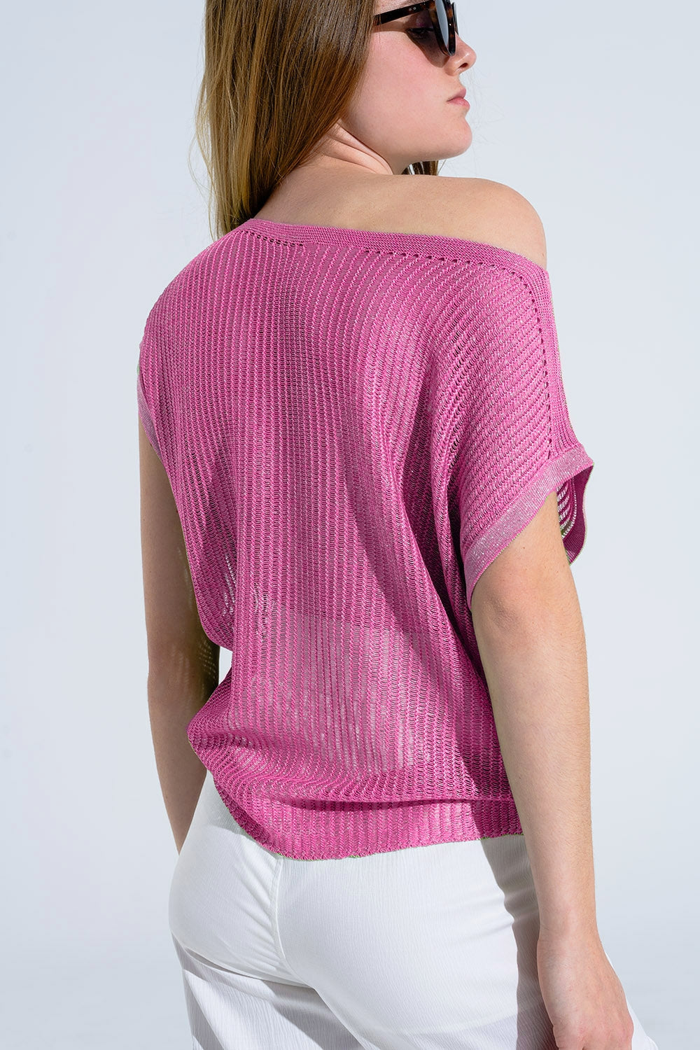 Pull côtelé à col bateau et manches capuchon en rose