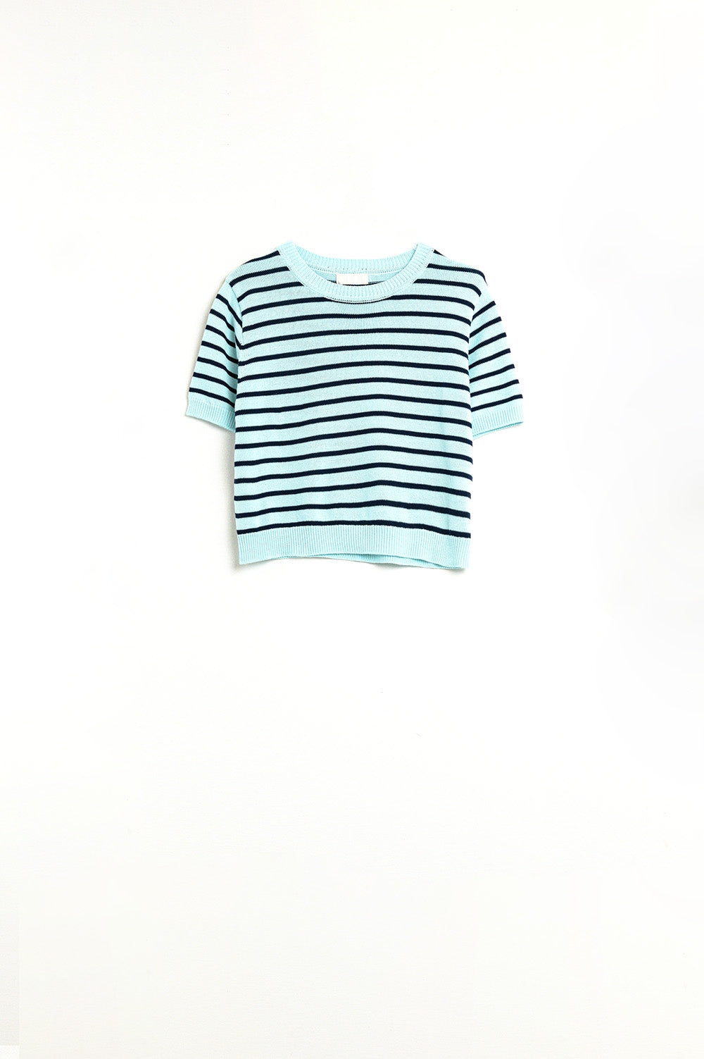 Pull court vert menthe à rayures bleu marine