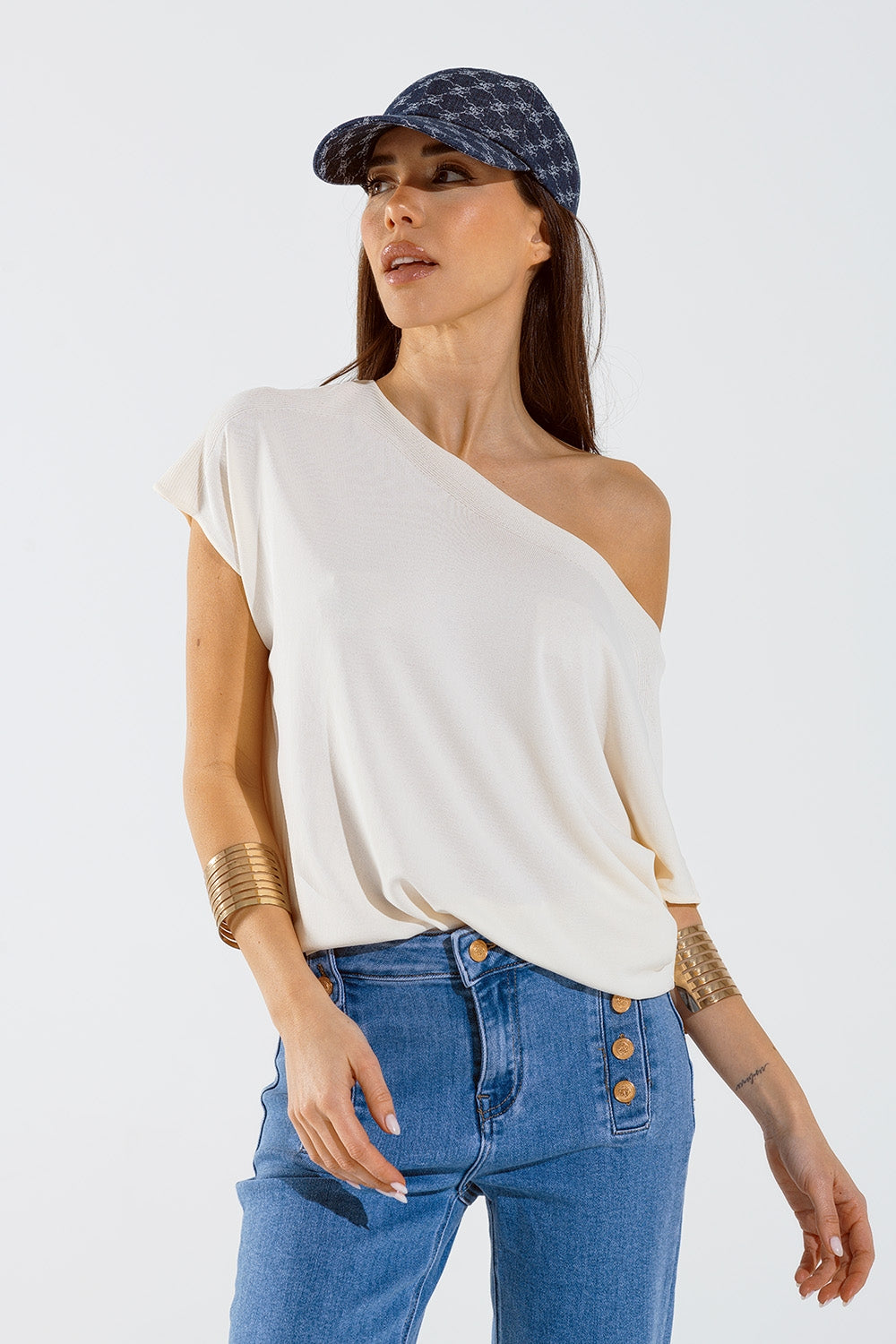 Q2 Pull décontracté à épaulettes de couleur crème