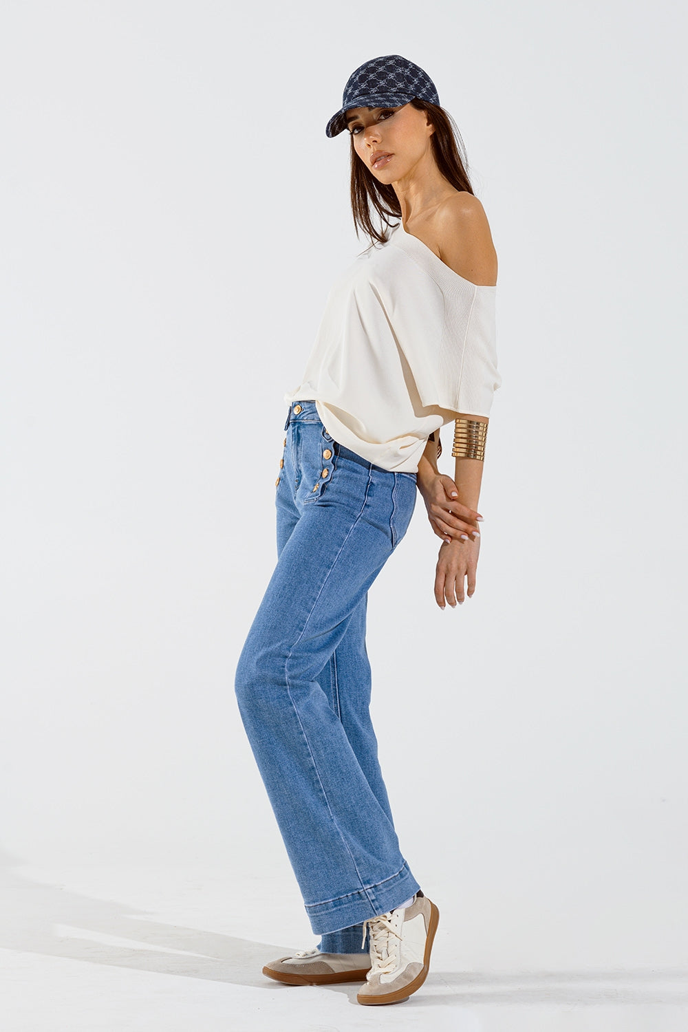 Pull décontracté à épaulettes de couleur crème