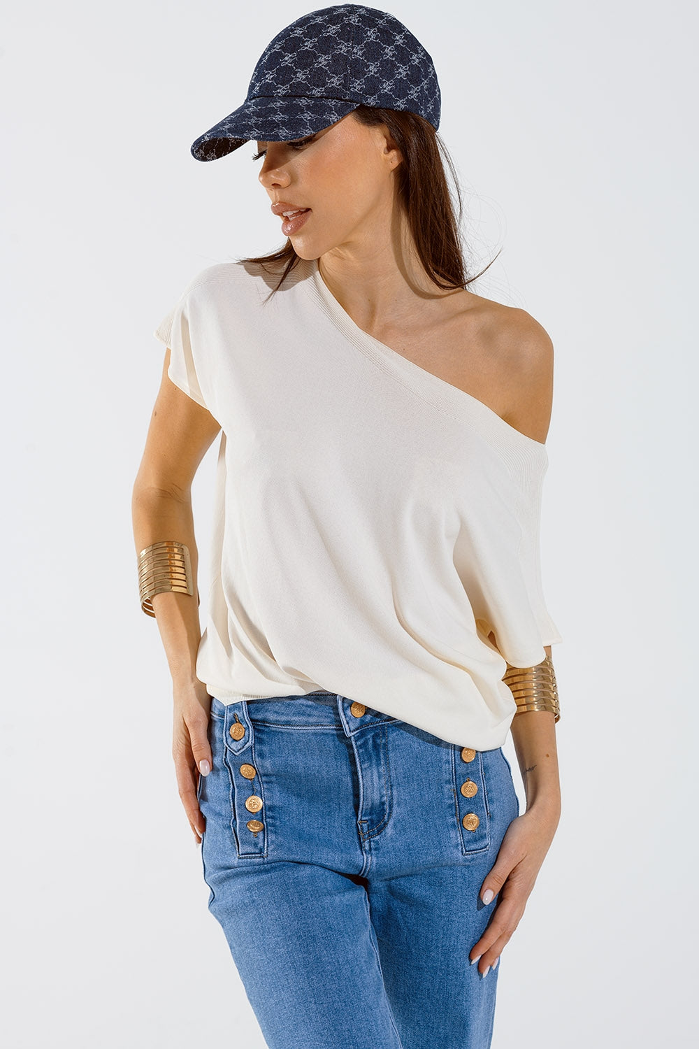 Pull décontracté à épaulettes de couleur crème