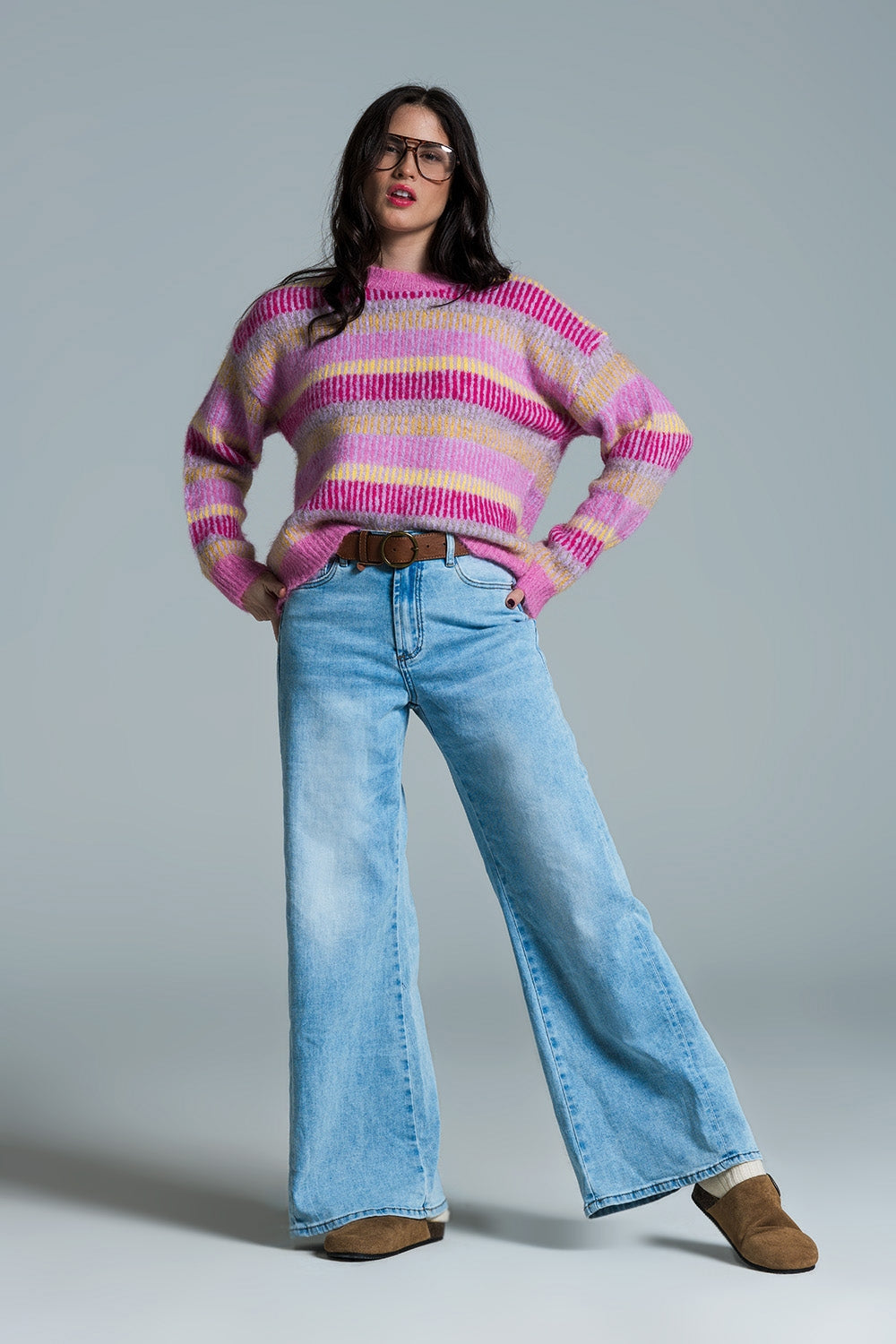 Pull décontracté à rayures horizontales rose fuchsia et jaune