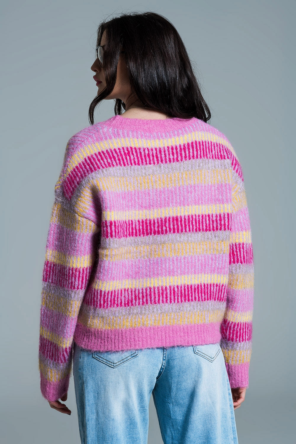 Pull décontracté à rayures horizontales rose fuchsia et jaune