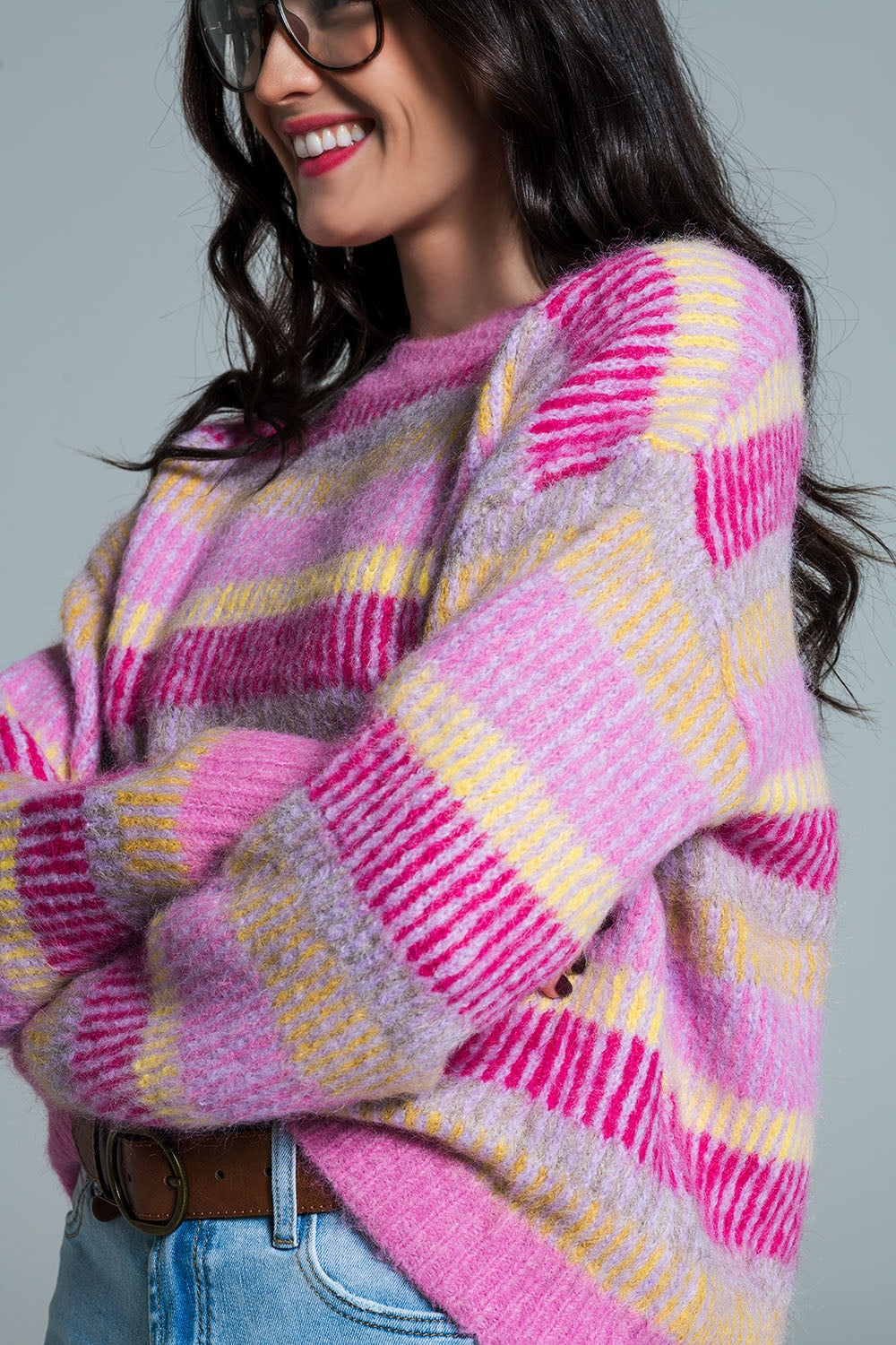 Pull décontracté à rayures horizontales rose fuchsia et jaune