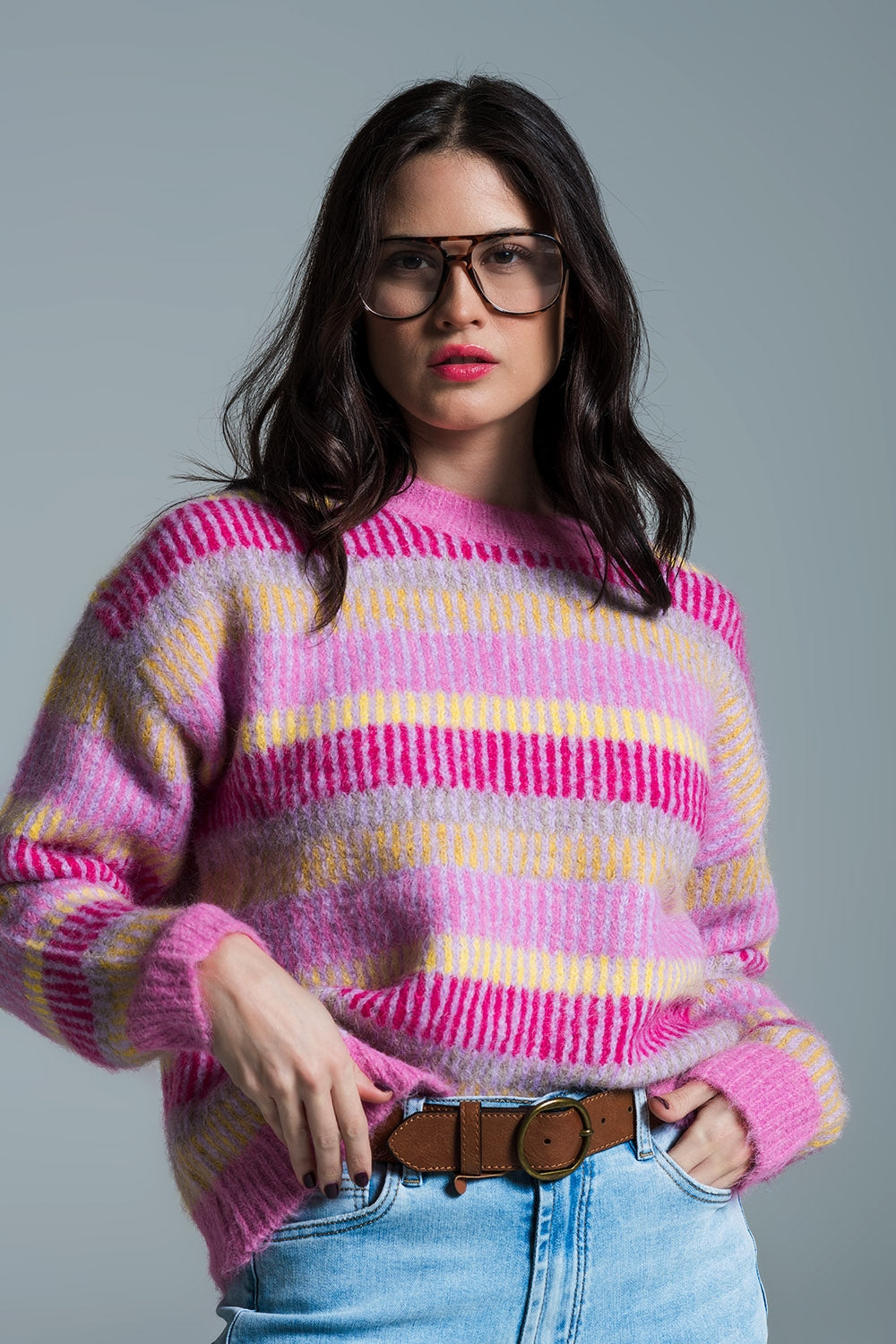 Pull décontracté à rayures horizontales rose fuchsia et jaune