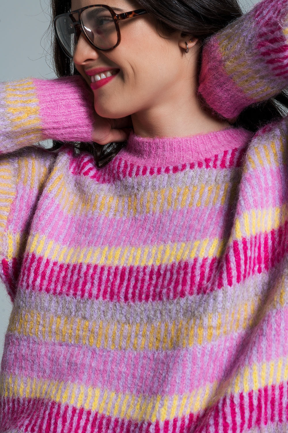 Pull décontracté à rayures horizontales rose fuchsia et jaune