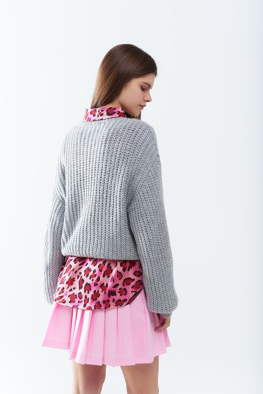 Pull en grosse maille gris clair à manches ballon