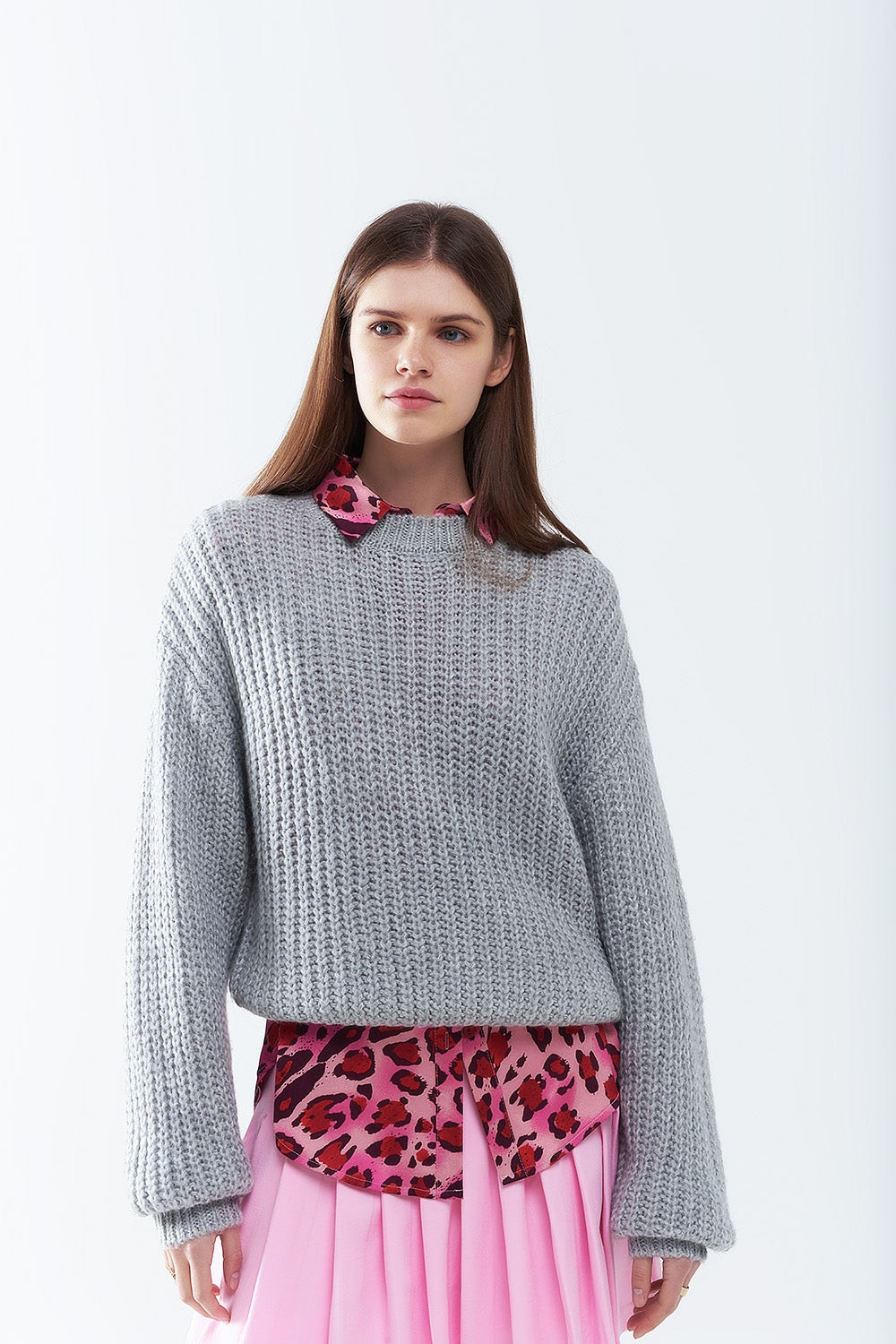 Pull en grosse maille gris clair à manches ballon