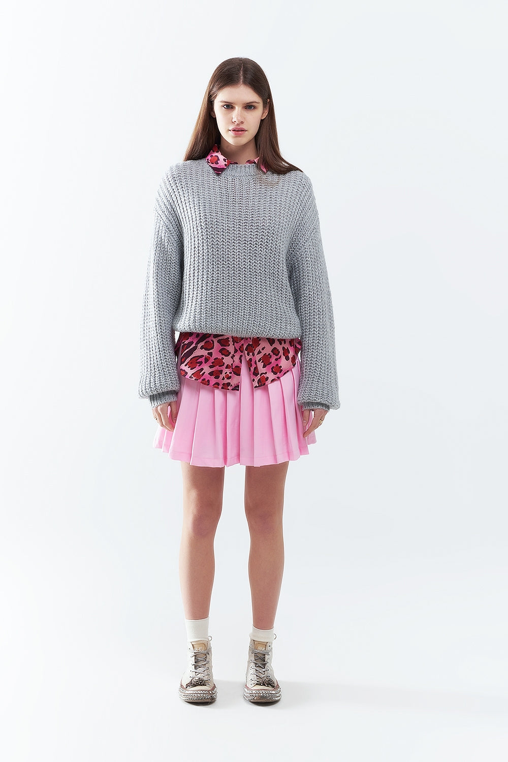 Pull en grosse maille gris clair à manches ballon