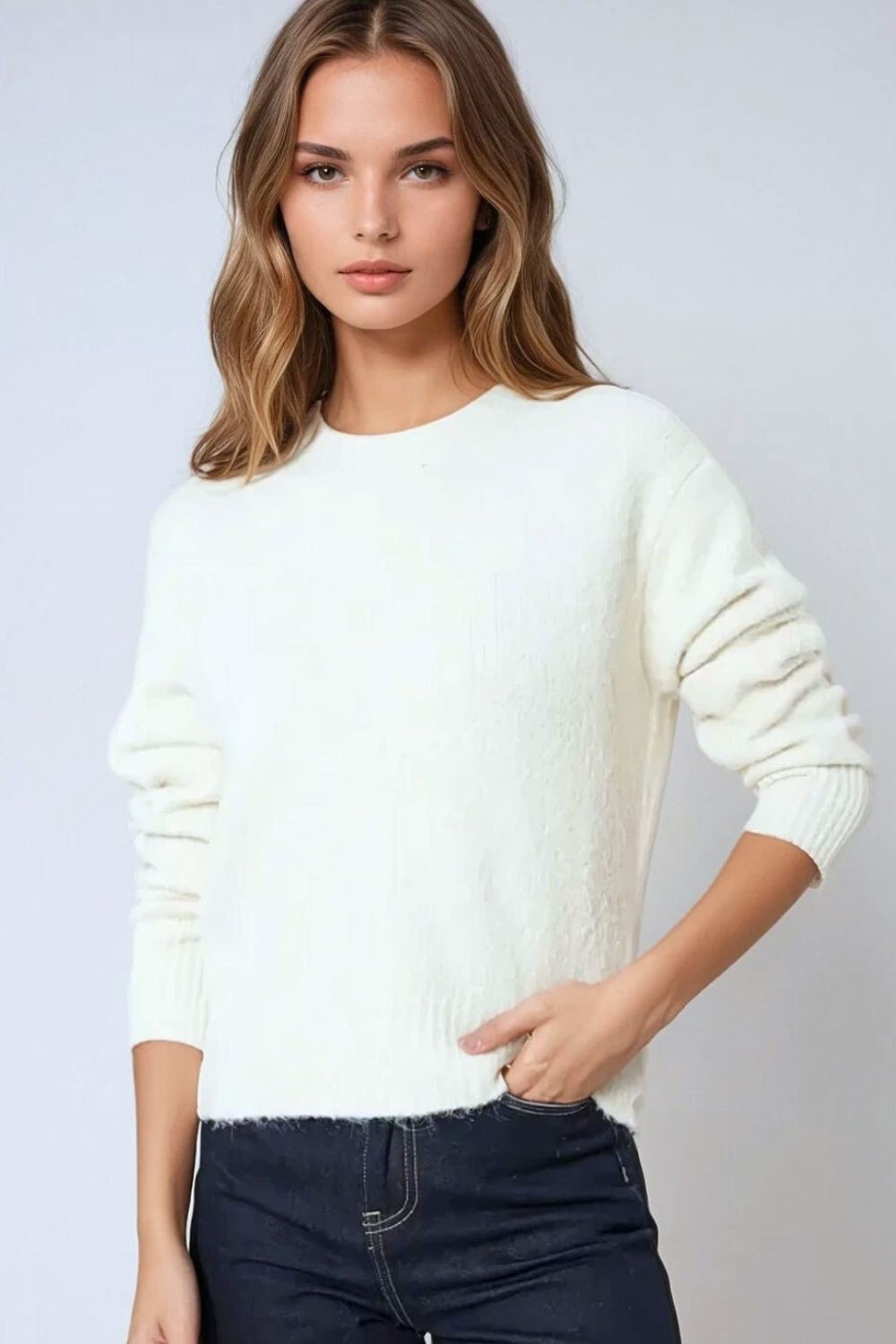 Q2 Pull en maille à col ras du cou Cozy Basic en crème