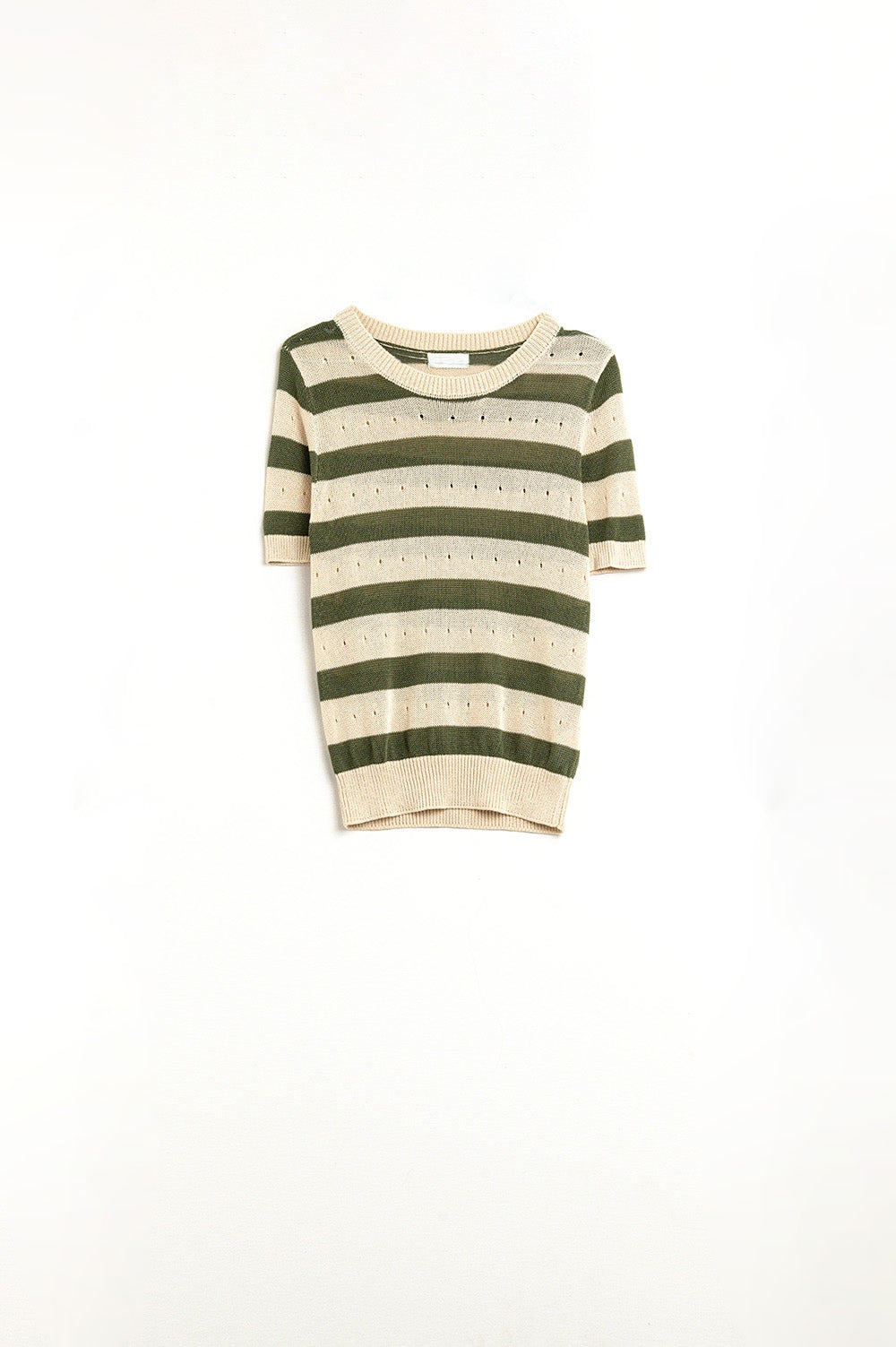 Pull en maille pointelle rayée à manches courtes en vert
