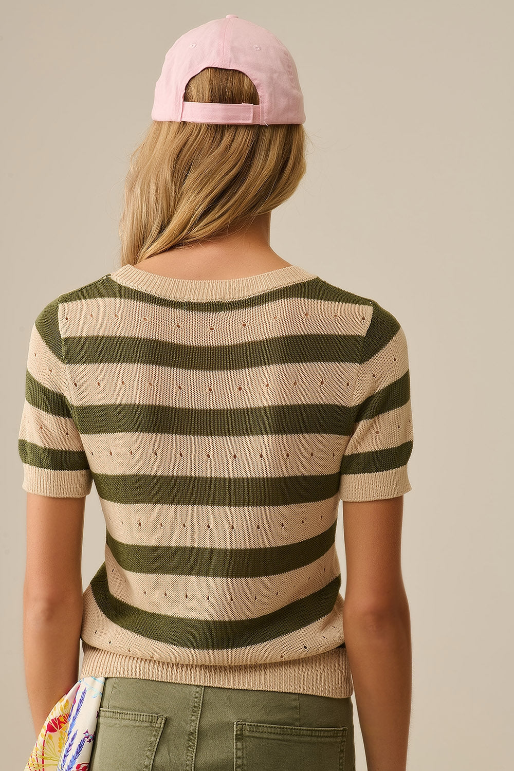 Pull en maille pointelle rayée à manches courtes en vert