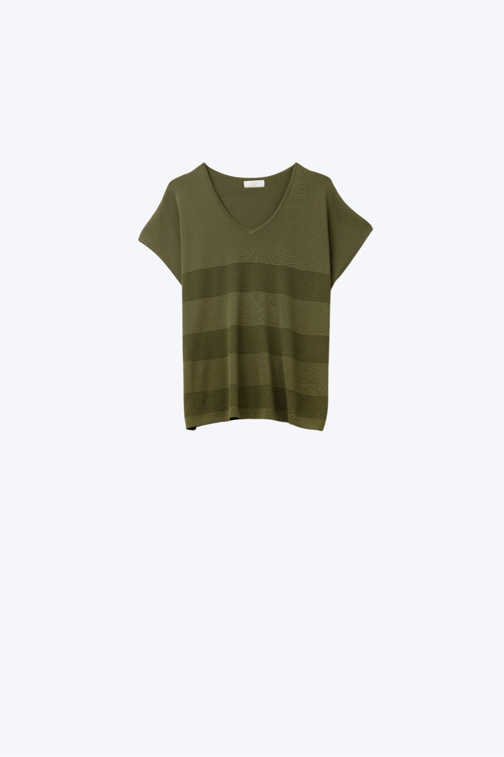 Q2 Pull en tricot à col en V kaki avec détails en maille ouverte