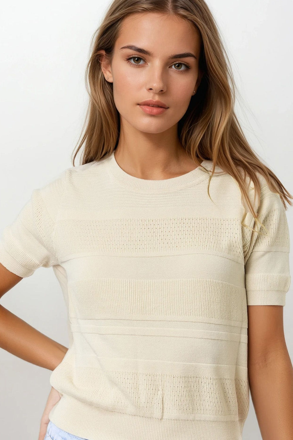 Q2 Pull en tricot à rayures texturées beige