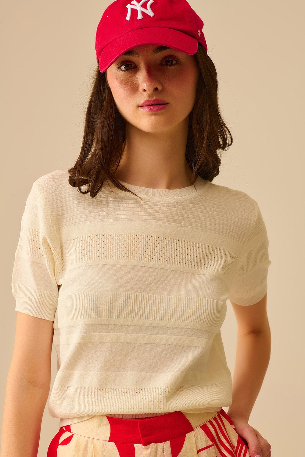 Q2 Pull en tricot à rayures texturées blanc