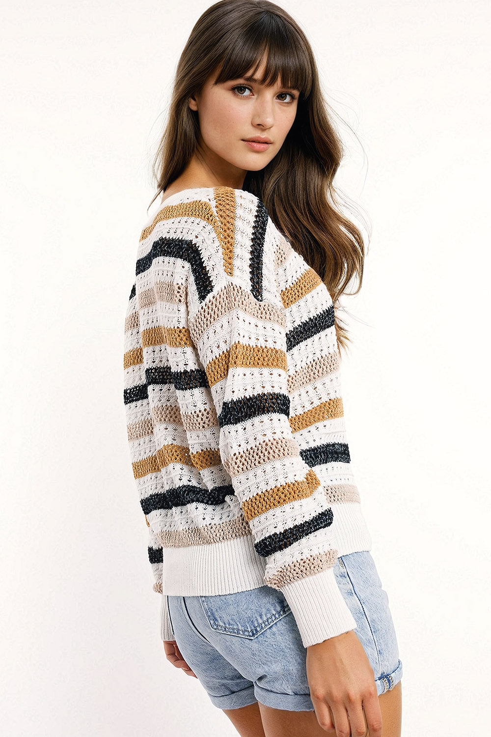 Q2 Pull en tricot blanc à rayures multicouleures