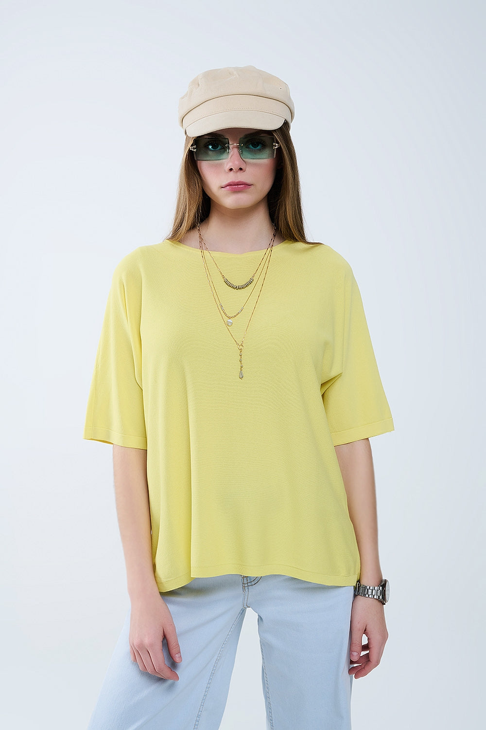 pull jaune surdimensionné avec manches coudées