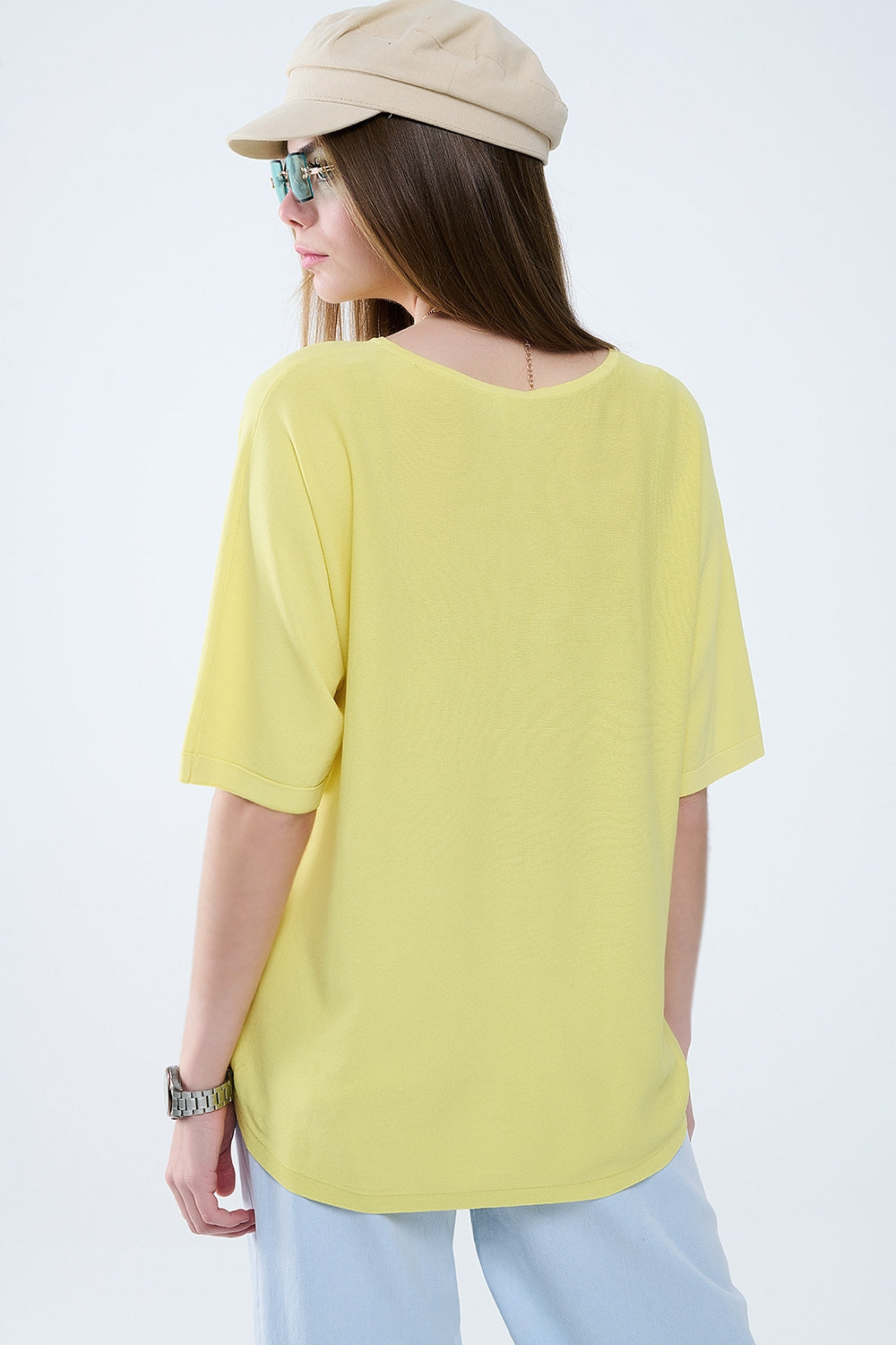 pull jaune surdimensionné avec manches coudées