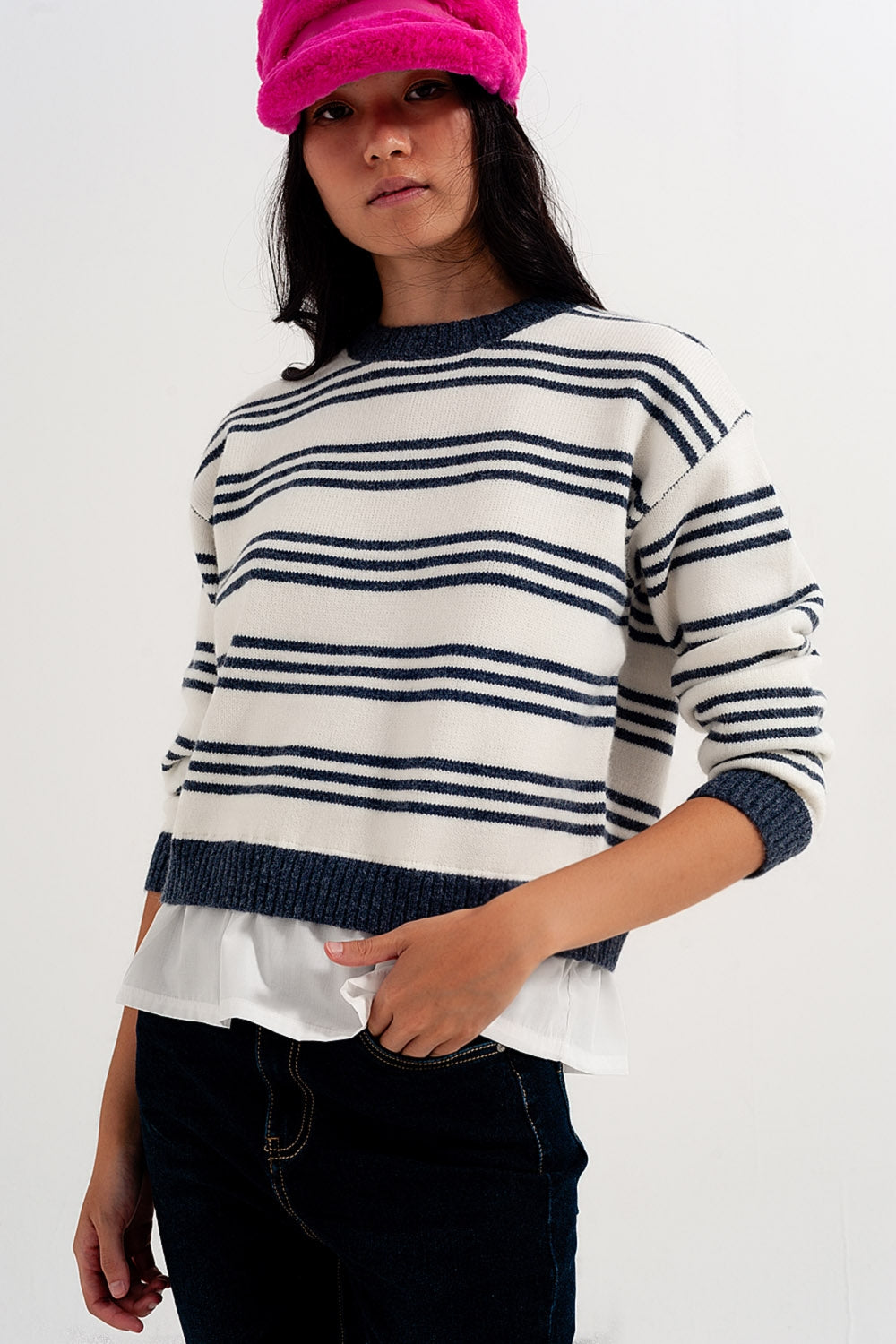 Pull manches longues à rayures blanc