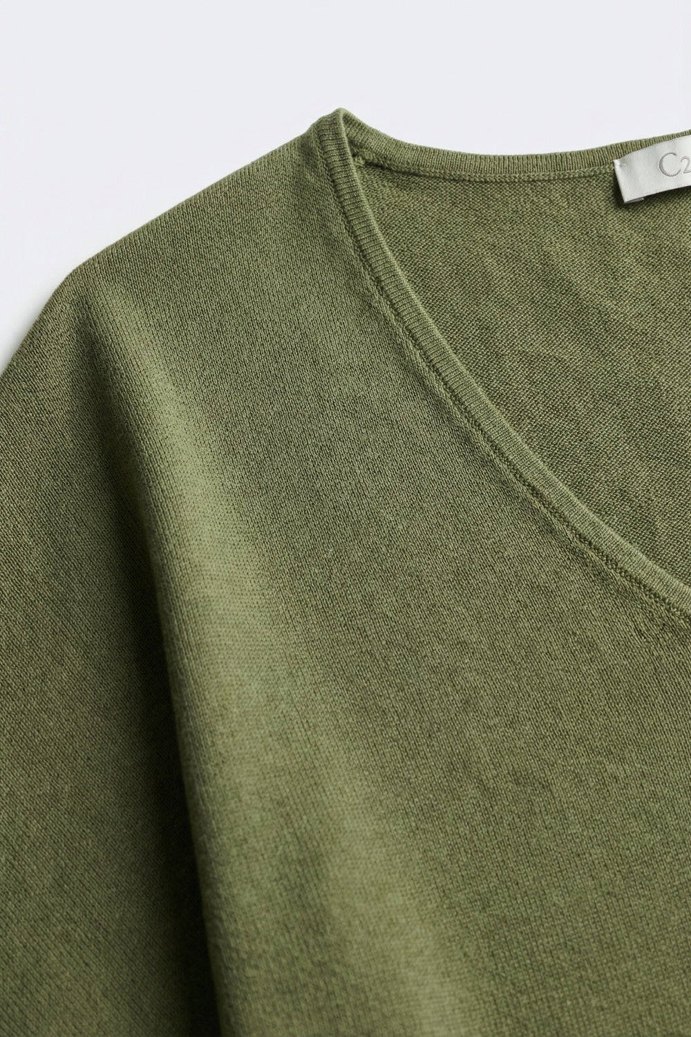 Pull Olive Vert à Col en V Relaxé en Tricot