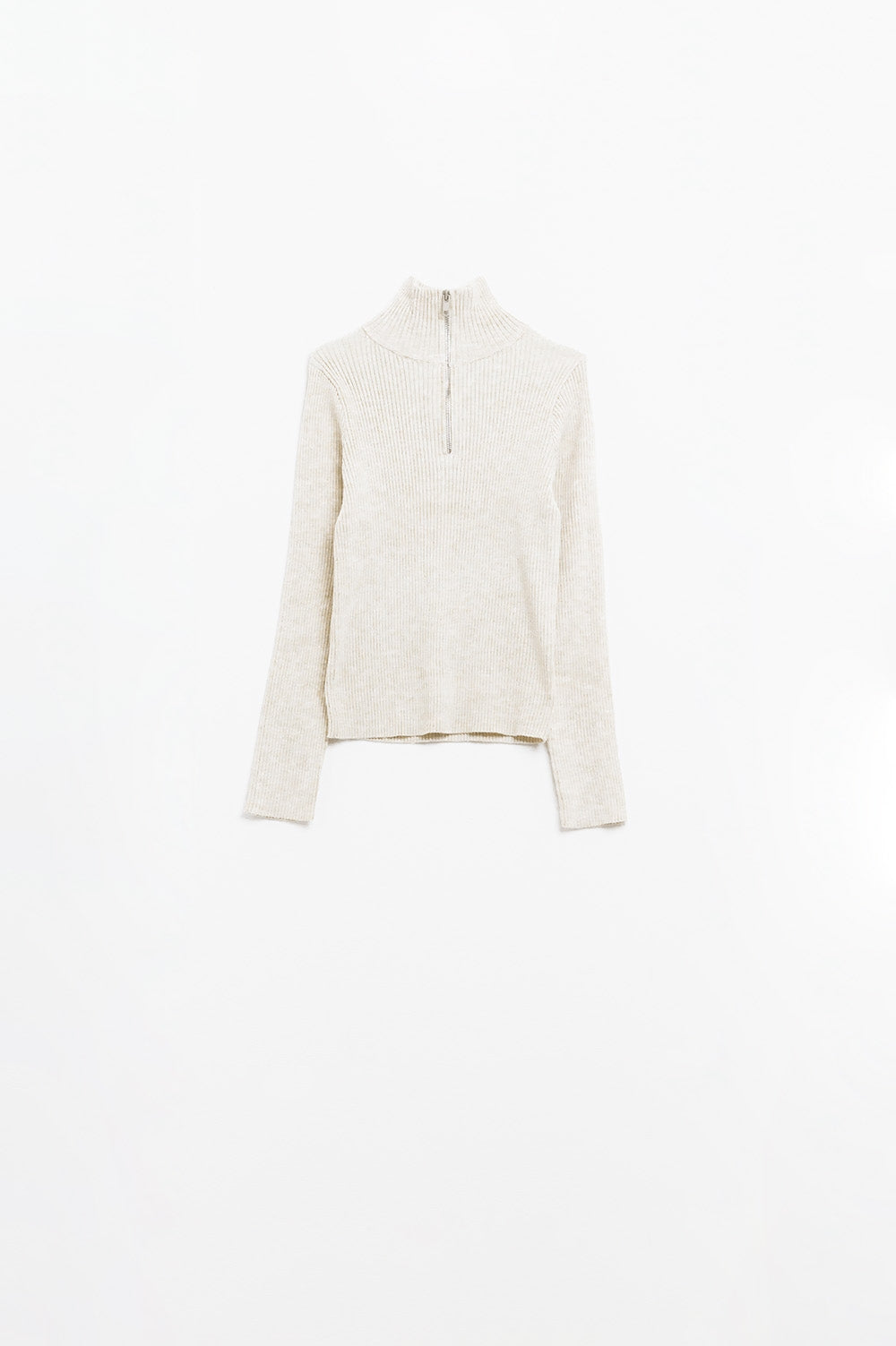 pull-over ajusté en côtes crème avec fermeture éclair