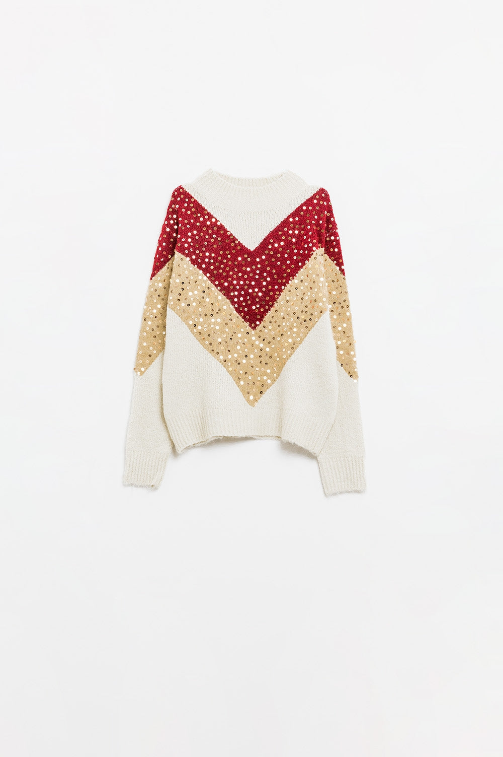 pull-over en tricot color block bordeaux et beige avec ornements en paillettes