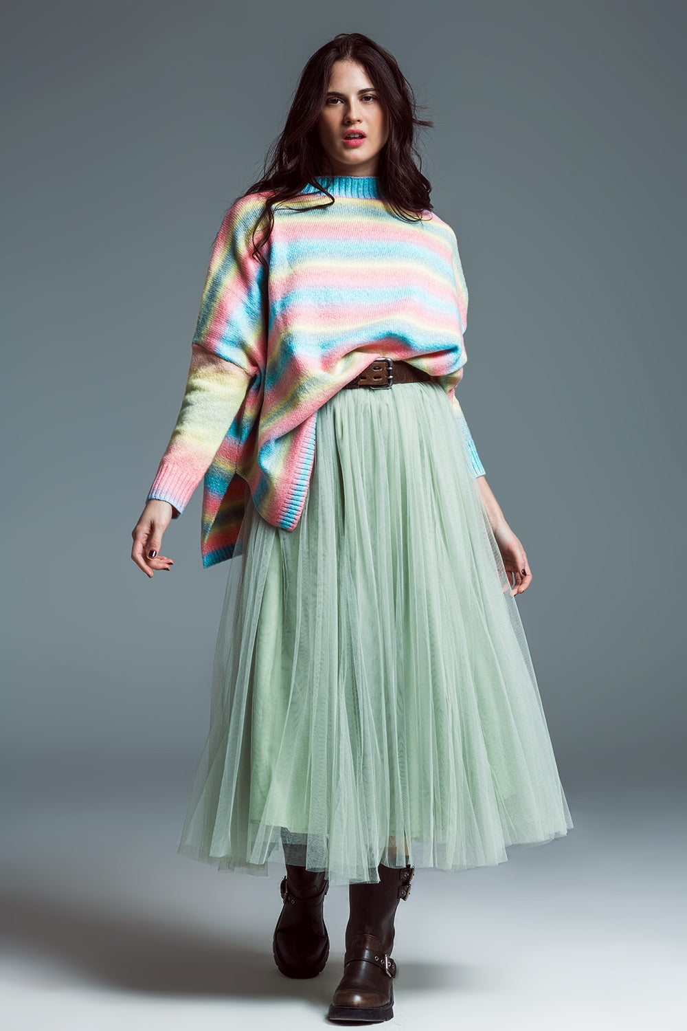 Pull oversize multicolore à encolure haute et fentes latérales
