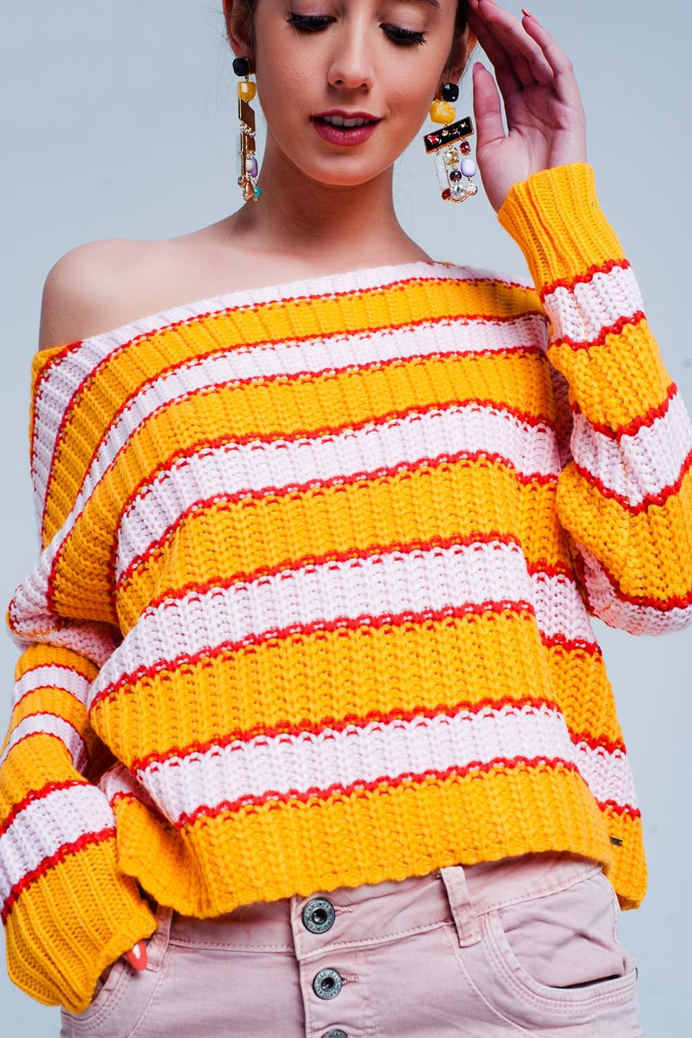 Q2 Pull rayé effet couleur block orange et rose