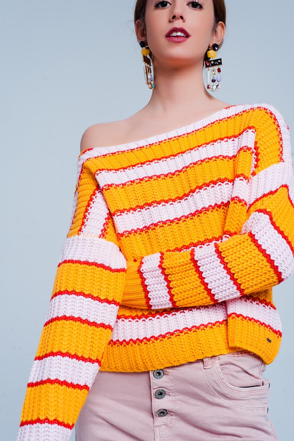 Pull rayé effet couleur block orange et rose