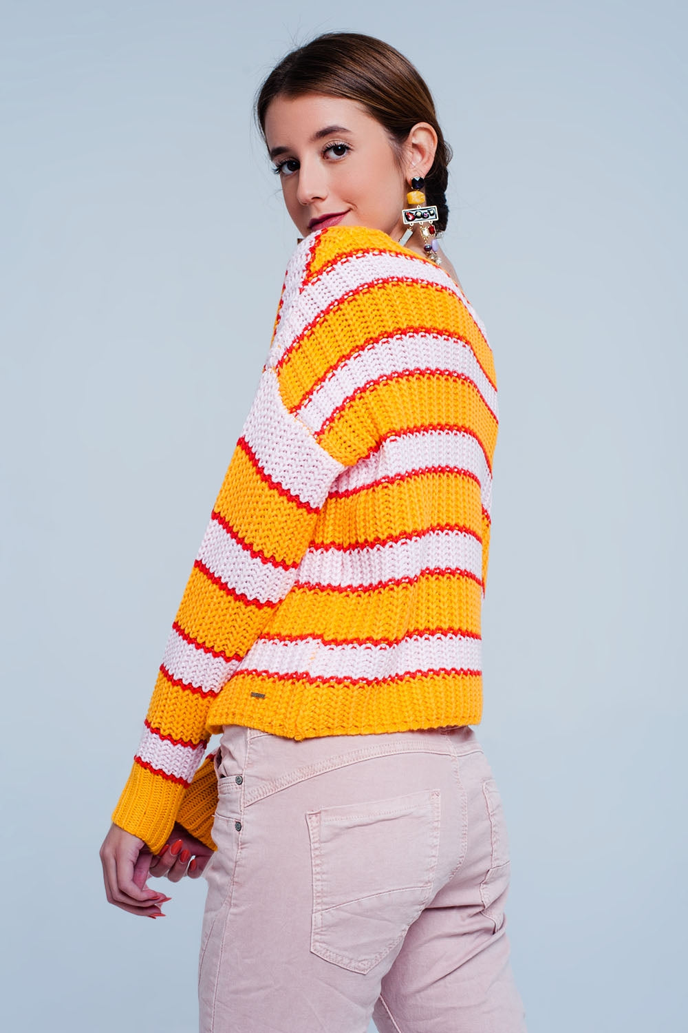 Pull rayé effet couleur block orange et rose
