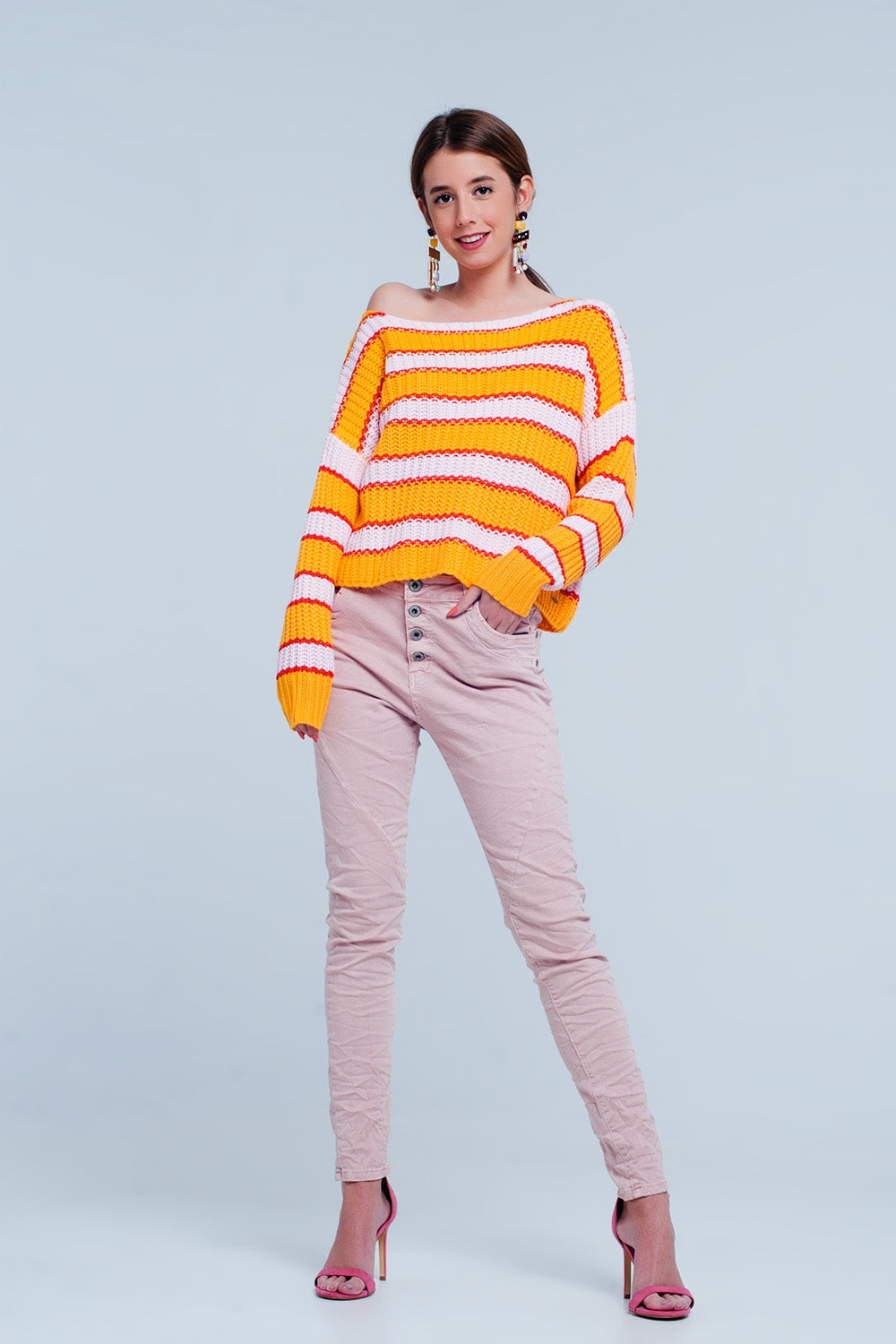 Pull rayé effet couleur block orange et rose