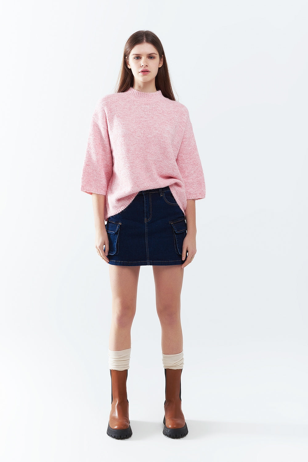 Pull rose duveteux à manches trois-quarts et col rond
