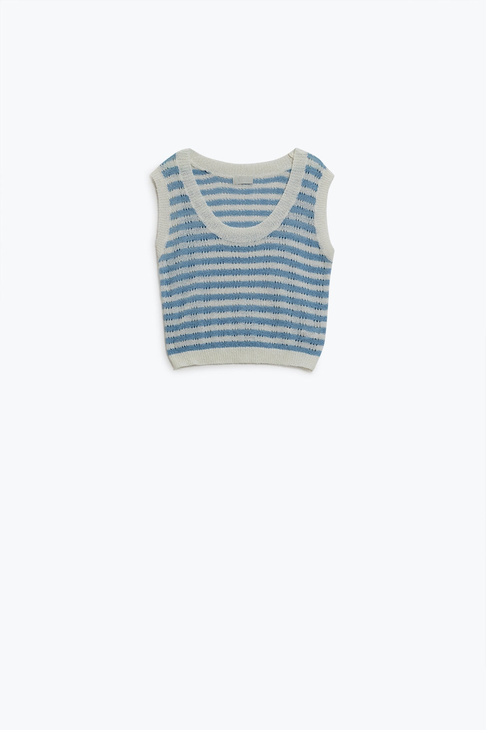 Pull sans manches à rayures en tricot ouvert en bleu et blanc
