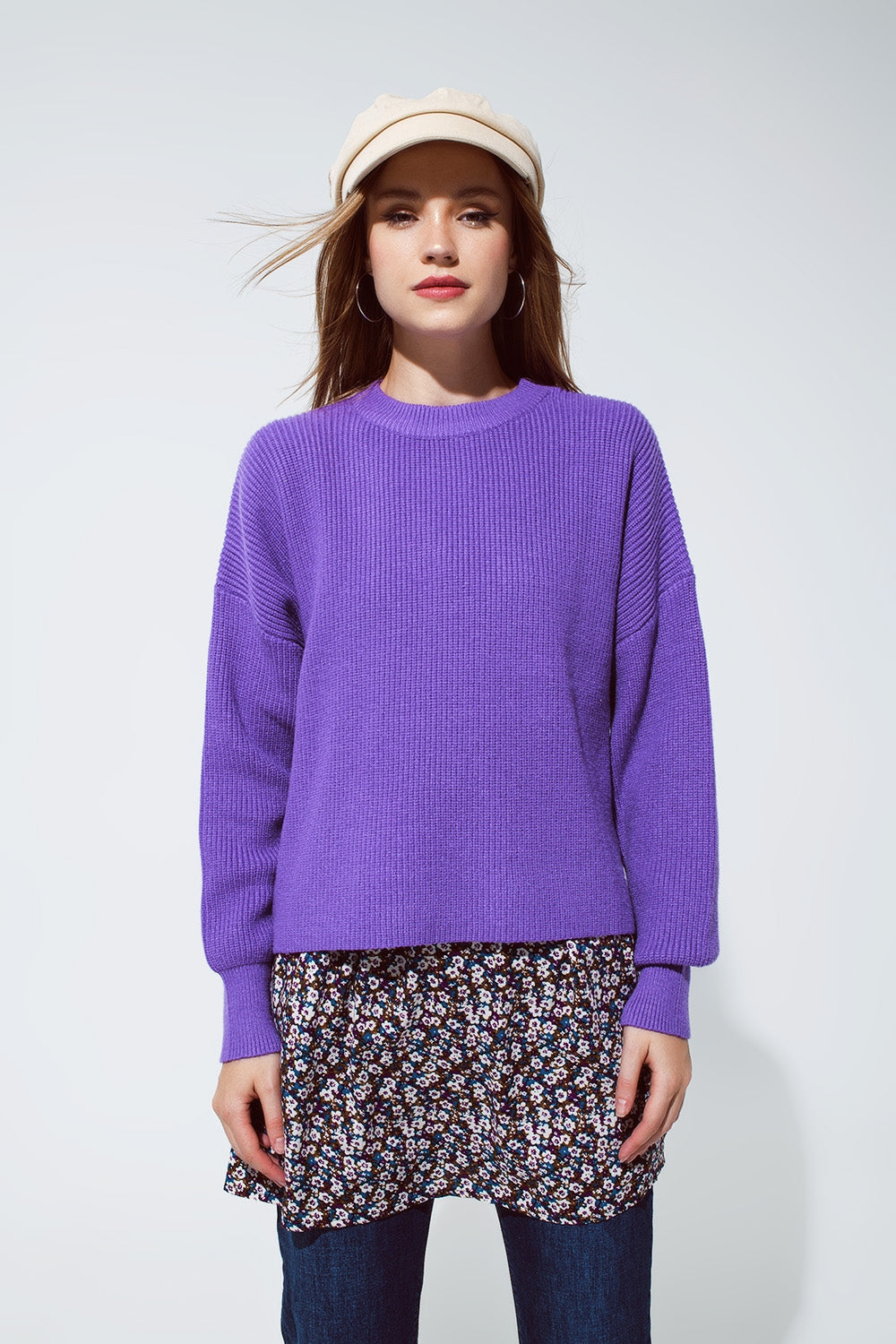 Q2 Pullover en tricot et ample de couleur violet
