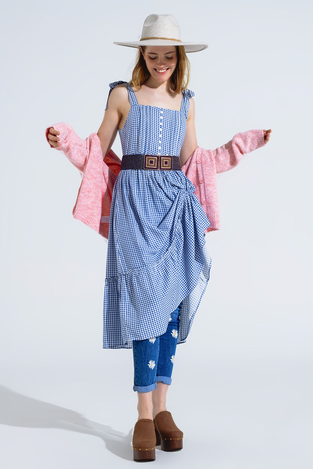 Q2 Robe à bretelles réglables en vichy bleu et blanc