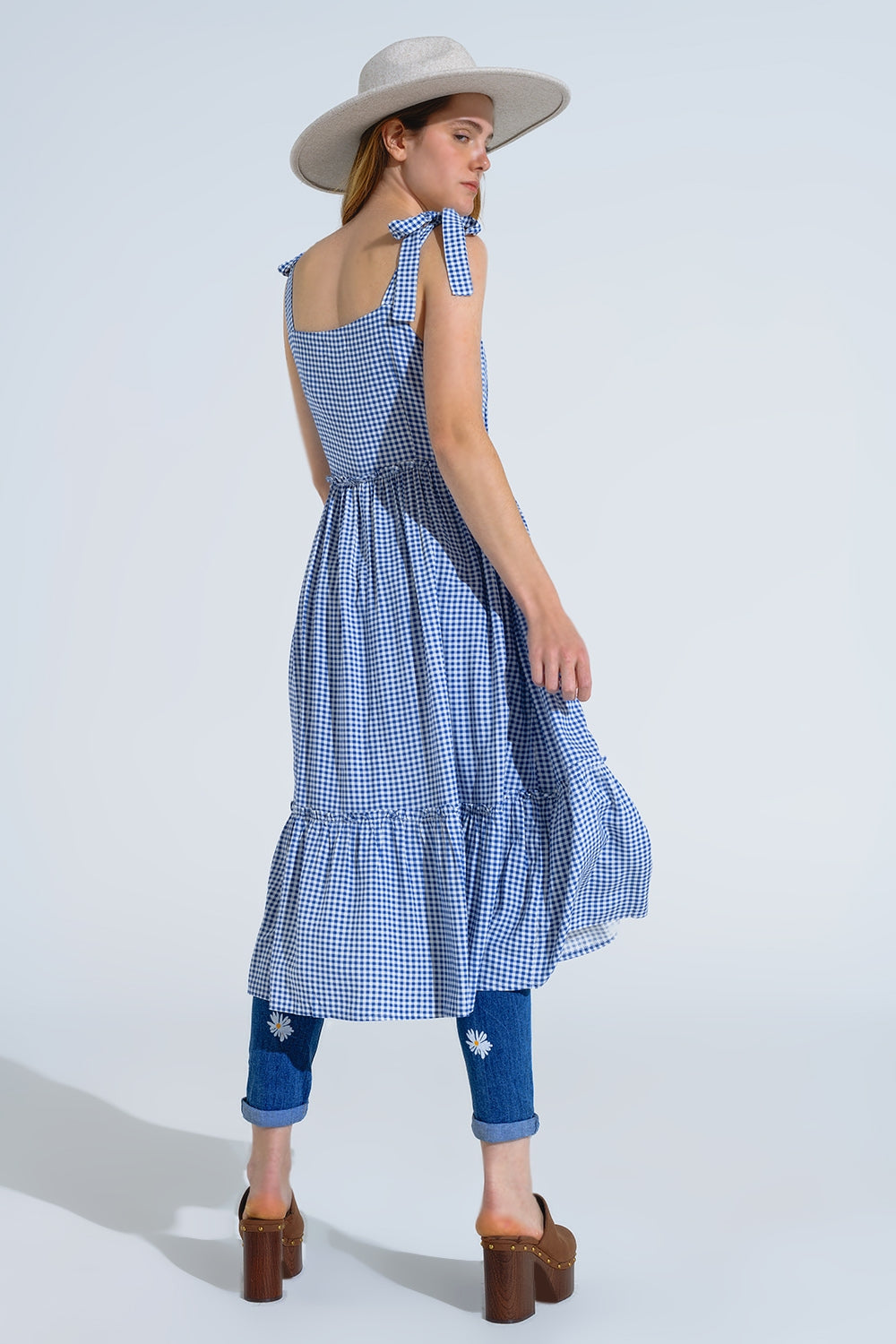 Robe à bretelles réglables en vichy bleu et blanc