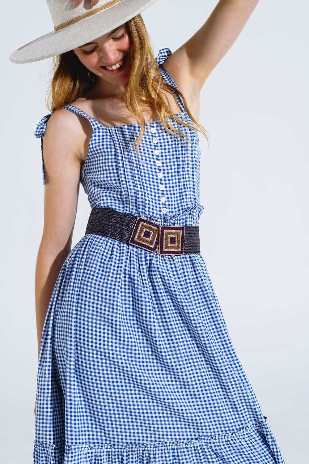 Robe à bretelles réglables en vichy bleu et blanc